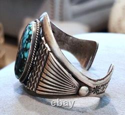 Vintage Navajo Indian Sterling Morenci Turquoise Cuff Bracelet, Artist Signed