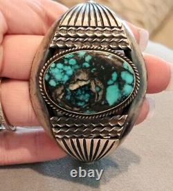 Vintage Navajo Indian Sterling Morenci Turquoise Cuff Bracelet, Artist Signed