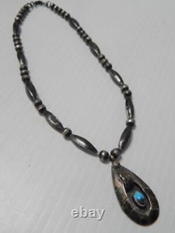 Vintage Navajo Indian Sterling Silver Beads Turquoise Pendant Necklace