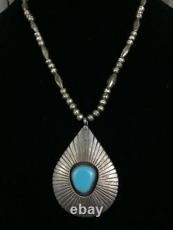 Vintage Navajo Indian Sterling Silver Shadowbox Turquoise Bead Necklace