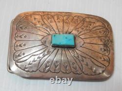 Vintage Navajo Indian Sterling Silver Square Cut Turquoise Western Rodeo Buckle