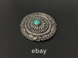 Vintage Navajo Indian Sterling Silver Turquoise Stampwork Pin Brooch