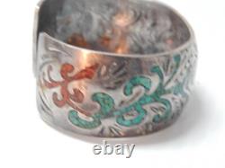 Vintage Navajo Indian Sterling Turquoise Coral Wide Cuff Bracelet Chip Inlay
