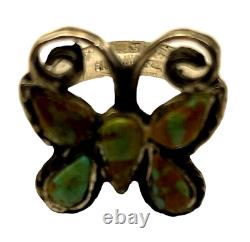 Vintage Navajo Inlaid Turquoise Butterfly Southwestern Sterling Ring Sz 7.5