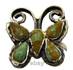 Vintage Navajo Inlaid Turquoise Butterfly Southwestern Sterling Ring Sz 7.5