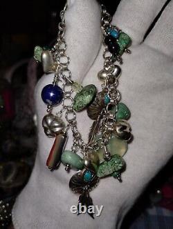 Vintage Navajo Inspired Turquoise Nugget & Heart Charm Sterling Silver Bracelet