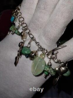 Vintage Navajo Inspired Turquoise Nugget & Heart Charm Sterling Silver Bracelet