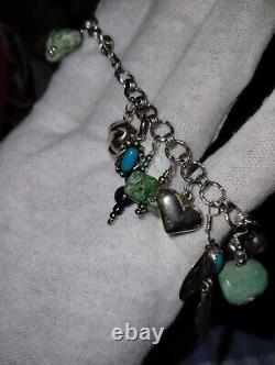 Vintage Navajo Inspired Turquoise Nugget & Heart Charm Sterling Silver Bracelet