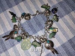 Vintage Navajo Inspired Turquoise Nugget & Heart Charm Sterling Silver Bracelet