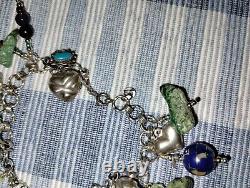 Vintage Navajo Inspired Turquoise Nugget & Heart Charm Sterling Silver Bracelet