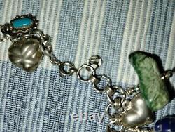 Vintage Navajo Inspired Turquoise Nugget & Heart Charm Sterling Silver Bracelet