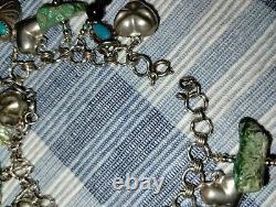 Vintage Navajo Inspired Turquoise Nugget & Heart Charm Sterling Silver Bracelet