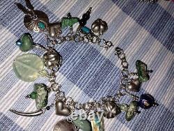 Vintage Navajo Inspired Turquoise Nugget & Heart Charm Sterling Silver Bracelet