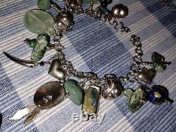 Vintage Navajo Inspired Turquoise Nugget & Heart Charm Sterling Silver Bracelet