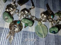 Vintage Navajo Inspired Turquoise Nugget & Heart Charm Sterling Silver Bracelet