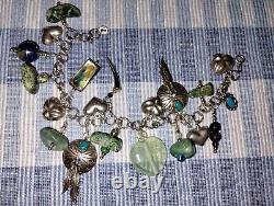 Vintage Navajo Inspired Turquoise Nugget & Heart Charm Sterling Silver Bracelet