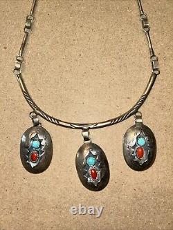 Vintage Navajo Jefferson James. 925 Shadow Turquoise Coral Necklace 17 in