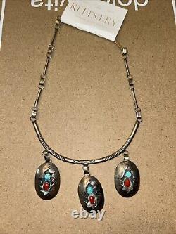 Vintage Navajo Jefferson James. 925 Shadow Turquoise Coral Necklace 17 in