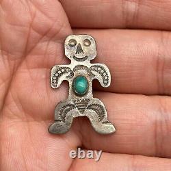 Vintage Navajo Kachina Turquoise Silver Hand Stamped Brooch Pin