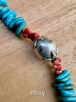 Vintage Navajo Kingman Turquoise Necklace Nugget Bead Sterling Spiny Oyster