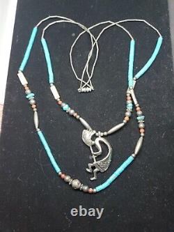 Vintage Navajo Kokopalli 925 Turquoise Sterling Double Strand Necklace