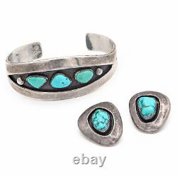 Vintage Navajo LO Signed Sterling Silver Turquoise Cuff Bracelet Earring Set