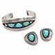 Vintage Navajo LO Signed Sterling Silver Turquoise Cuff Bracelet Earring Set