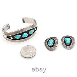 Vintage Navajo LO Signed Sterling Silver Turquoise Cuff Bracelet Earring Set