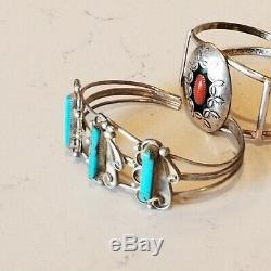 Vintage Navajo LSO Sterling Silver 925 Turquoise Coral Cuff SW Bracelets Lot