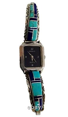 Vintage Navajo Ladies Quartz Watch Sterling Silver Turquoise & Lapis Inlay Tips