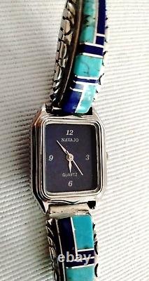 Vintage Navajo Ladies Quartz Watch Sterling Silver Turquoise & Lapis Inlay Tips