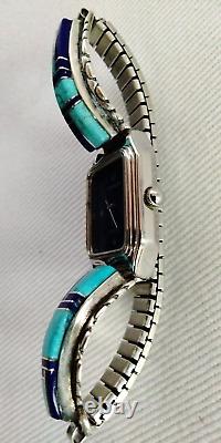 Vintage Navajo Ladies Quartz Watch Sterling Silver Turquoise & Lapis Inlay Tips