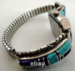 Vintage Navajo Ladies Quartz Watch Sterling Silver Turquoise & Lapis Inlay Tips