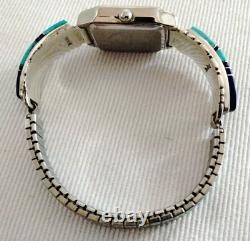 Vintage Navajo Ladies Quartz Watch Sterling Silver Turquoise & Lapis Inlay Tips