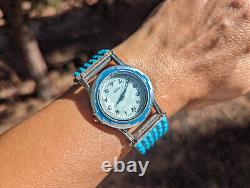 Vintage Navajo Lapis and Turquoise Flexible Wrist Watch Native American Handmade