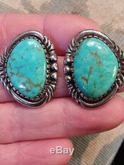 Vintage Navajo Large Blue Carico Lake Turquoise Sterling Silver Earrings