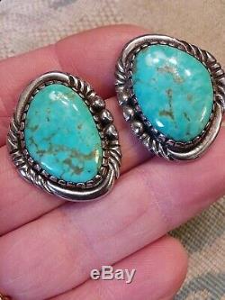 Vintage Navajo Large Blue Carico Lake Turquoise Sterling Silver Earrings