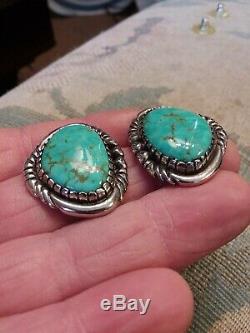 Vintage Navajo Large Blue Carico Lake Turquoise Sterling Silver Earrings