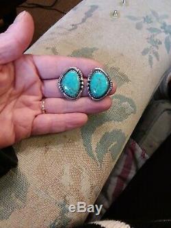 Vintage Navajo Large Blue Carico Lake Turquoise Sterling Silver Earrings