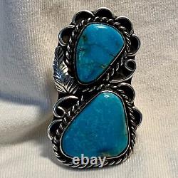 Vintage Navajo Large Double Turquoise Sterling Silver Ring Size 6.5 -7