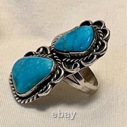 Vintage Navajo Large Double Turquoise Sterling Silver Ring Size 6.5 -7