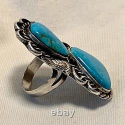 Vintage Navajo Large Double Turquoise Sterling Silver Ring Size 6.5 -7