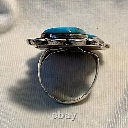 Vintage Navajo Large Double Turquoise Sterling Silver Ring Size 6.5 -7