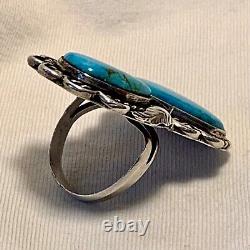 Vintage Navajo Large Double Turquoise Sterling Silver Ring Size 6.5 -7