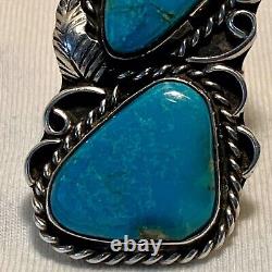 Vintage Navajo Large Double Turquoise Sterling Silver Ring Size 6.5 -7