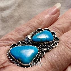 Vintage Navajo Large Double Turquoise Sterling Silver Ring Size 6.5 -7