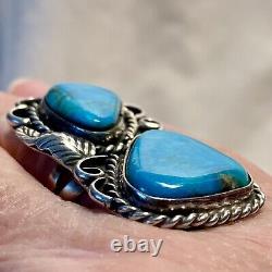 Vintage Navajo Large Double Turquoise Sterling Silver Ring Size 6.5 -7