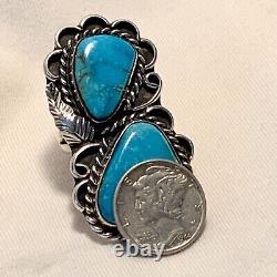 Vintage Navajo Large Double Turquoise Sterling Silver Ring Size 6.5 -7