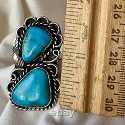 Vintage Navajo Large Double Turquoise Sterling Silver Ring Size 6.5 -7