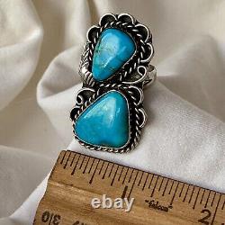 Vintage Navajo Large Double Turquoise Sterling Silver Ring Size 6.5 -7